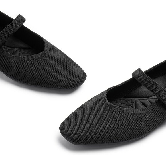 Women Black Knit Square Toe Arch Support and Concealed Low Wedge Ballet Flats - Picture 4 of 8